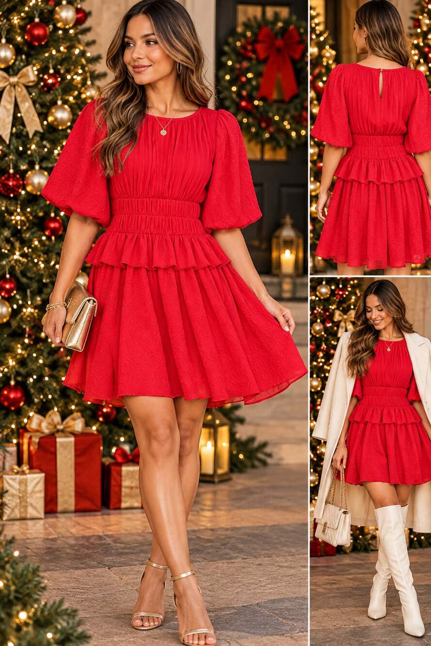 ASOS Women Red Lantern Sleeve Ruffled Elastic Waist Mini Dress MEDIUM